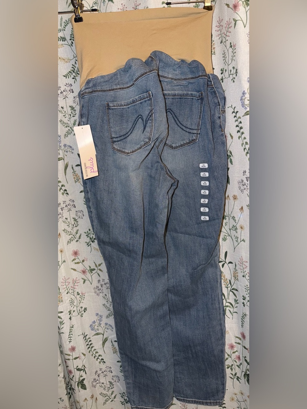 Indigo Blue Two-Tone Maternity Straight-Leg Jeans in Denim & Khaki Belly Support - Picture 2 of 3